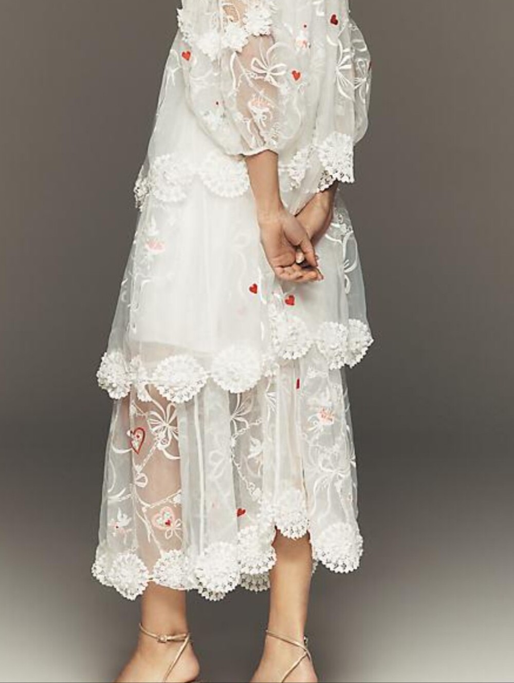 Maeve Sheer White Lace Embroidered Chemise with Red Heart Accents - Picture 3 of 6